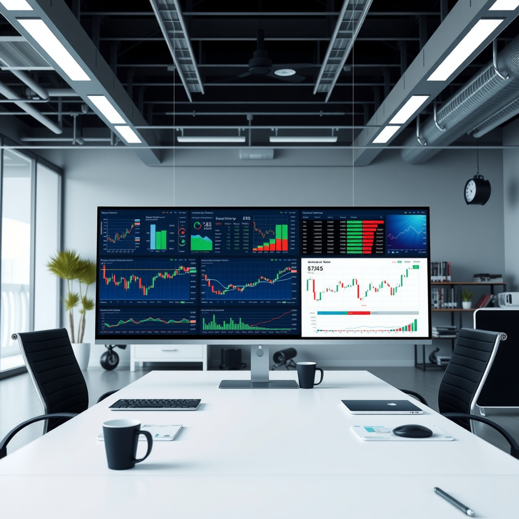 Moderne Finanzbildungsplattform mit Marktdaten-Dashboards, Analysetools und Lernressourcen auf mehreren Bildschirmen in einem professionellen Büroumfeld