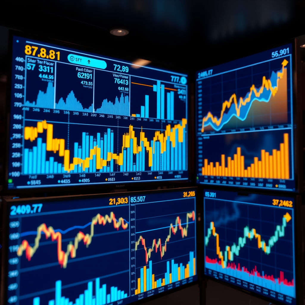 Abstract financial charts, market data graphs, and economic indicators displayed on digital screens with blue and gold accent colors, representing comprehensive financial education and market analysis