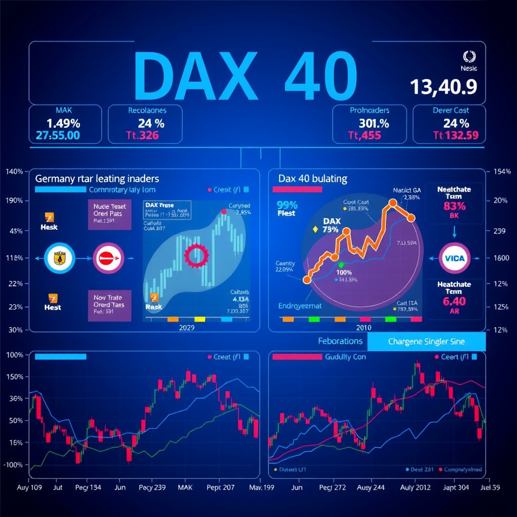 Detailed visualization of the DAX 40 stock index showing the composition of Germany's leading companies with charts, graphs and financial data overlays on a professional blue background