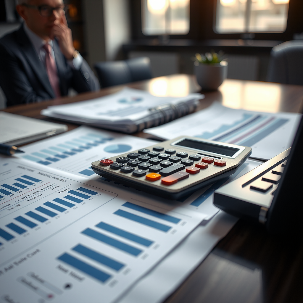 Professioneller Arbeitsplatz mit Finanzberichten, Taschenrechner, Laptop und Diagrammen auf einem modernen Schreibtisch, Nahaufnahme von Bilanzen und Kennzahlen, Business-Atmosphäre mit gedämpftem Licht