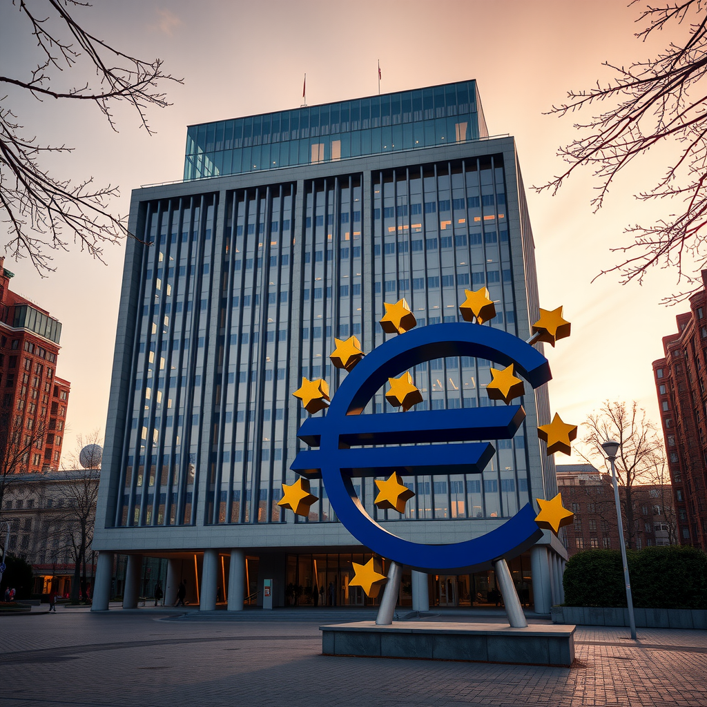 Das imposante Gebäude der Europäischen Zentralbank in Frankfurt am Main mit der charakteristischen Euro-Skulptur im Vordergrund, aufgenommen bei goldenem Abendlicht