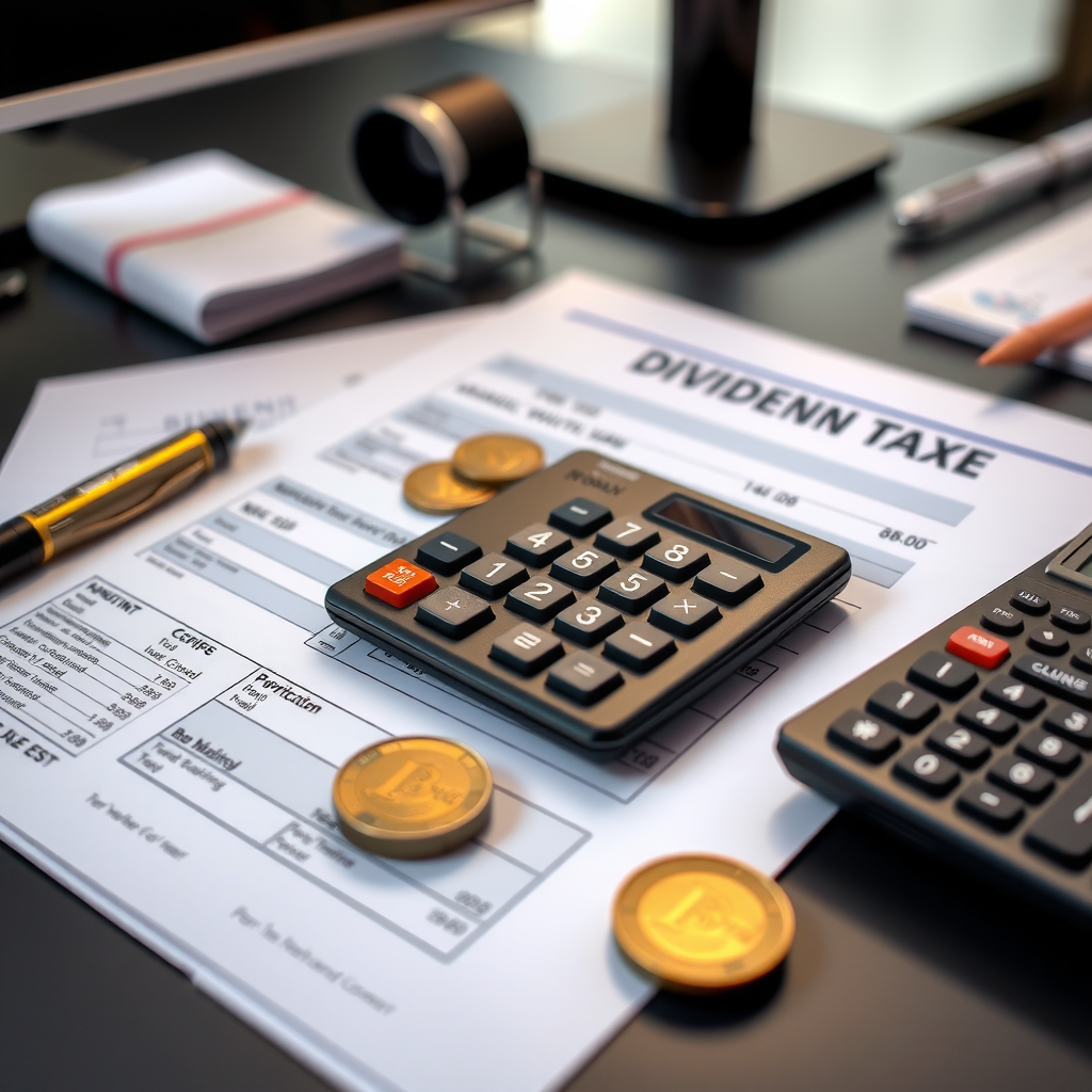 Professionelle Darstellung der deutschen Dividendenbesteuerung mit Taschenrechner, Steuerformularen, Aktienzertifikaten und Euro-Münzen auf einem modernen Schreibtisch, symbolisiert finanzielle Planung und Steuerstrategie