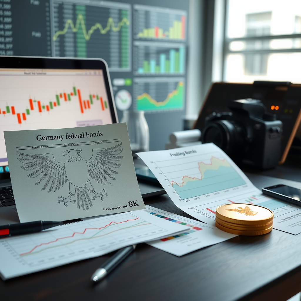 Professionelle Darstellung deutscher Bundesanleihen mit Zinskurven-Diagrammen, Finanzberichten und dem Bundesadler-Symbol auf einem modernen Schreibtisch mit Laptop und Finanzcharts im Hintergrund