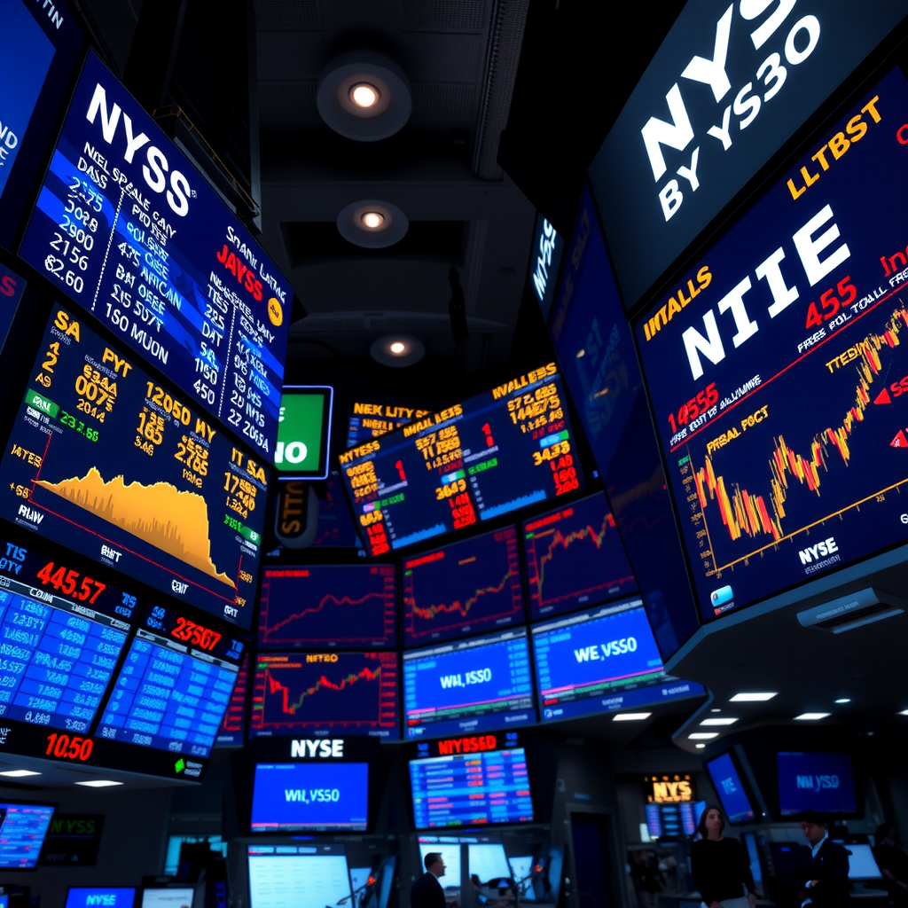 Stock market trading floor with digital displays showing real-time stock prices, trading volumes, and market indices in blue and gold colors