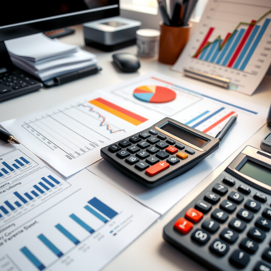 Professional workspace showing financial statements, balance sheets, and income statements from German corporations with calculator, charts and analytical tools on a clean desk