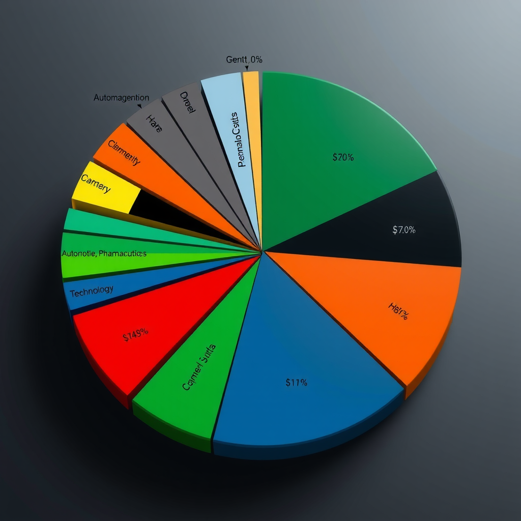 Kreisdiagramm zeigt die Sektorverteilung im DAX 40 Index mit Anteilen von Automobilindustrie, Chemie, Pharma, Technologie, Finanzdienstleistungen, Konsumgüter und weiteren Branchen in verschiedenen Farben