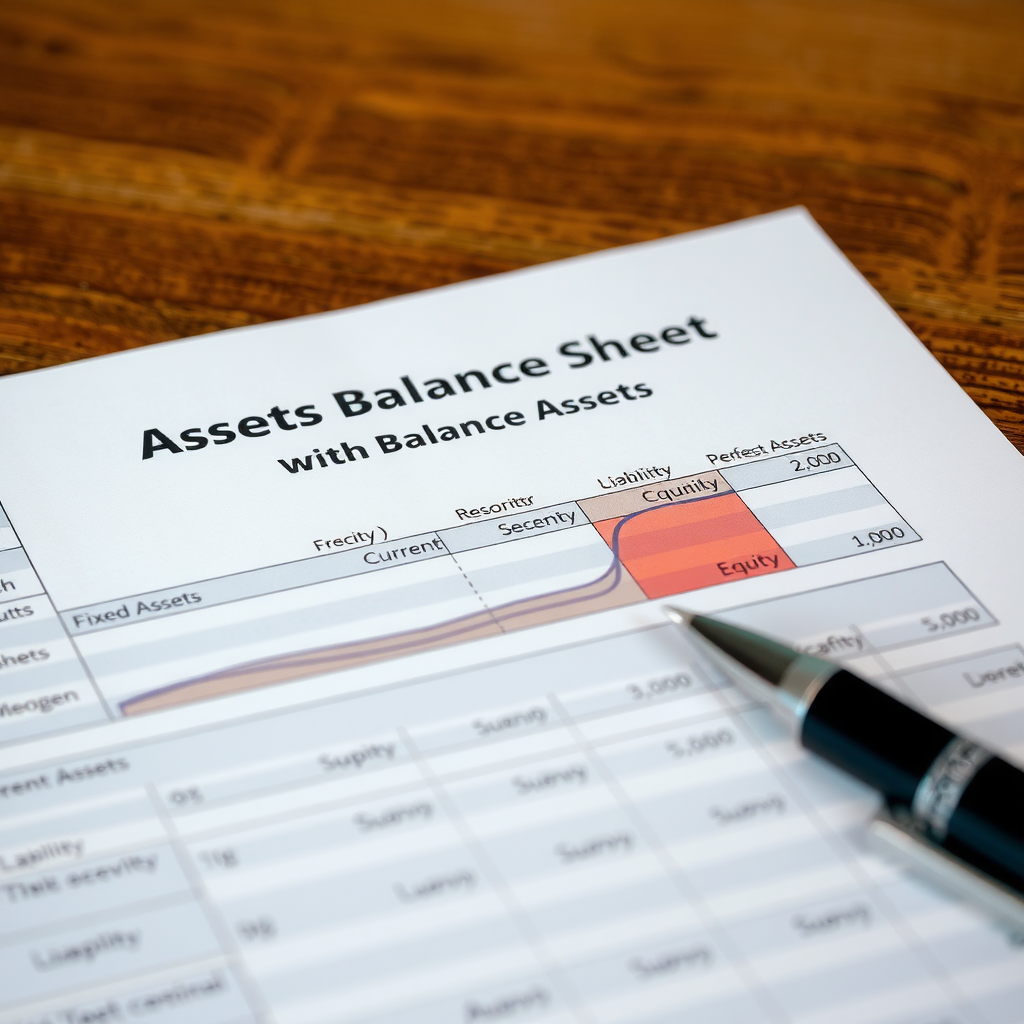 Detaillierte Darstellung einer Unternehmensbilanz mit Aktiva und Passiva, farblich hervorgehobene Bereiche für Anlagevermögen, Umlaufvermögen, Eigenkapital und Fremdkapital, professionelles Finanzdiagramm