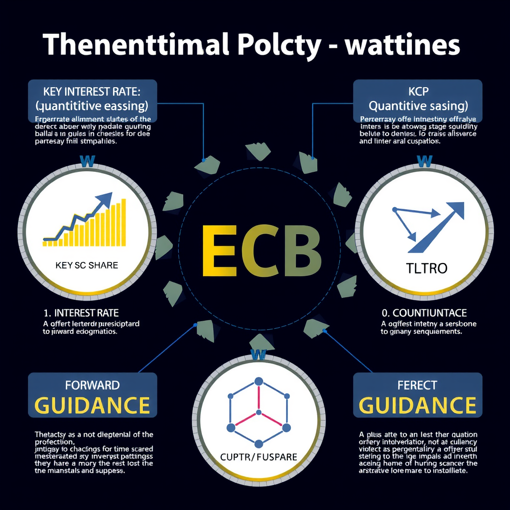 Detaillierte Infografik, die die verschiedenen geldpolitischen Instrumente der EZB visualisiert: Leitzins, Quantitative Lockerung, TLTRO und Forward Guidance mit Pfeilen und Diagrammen