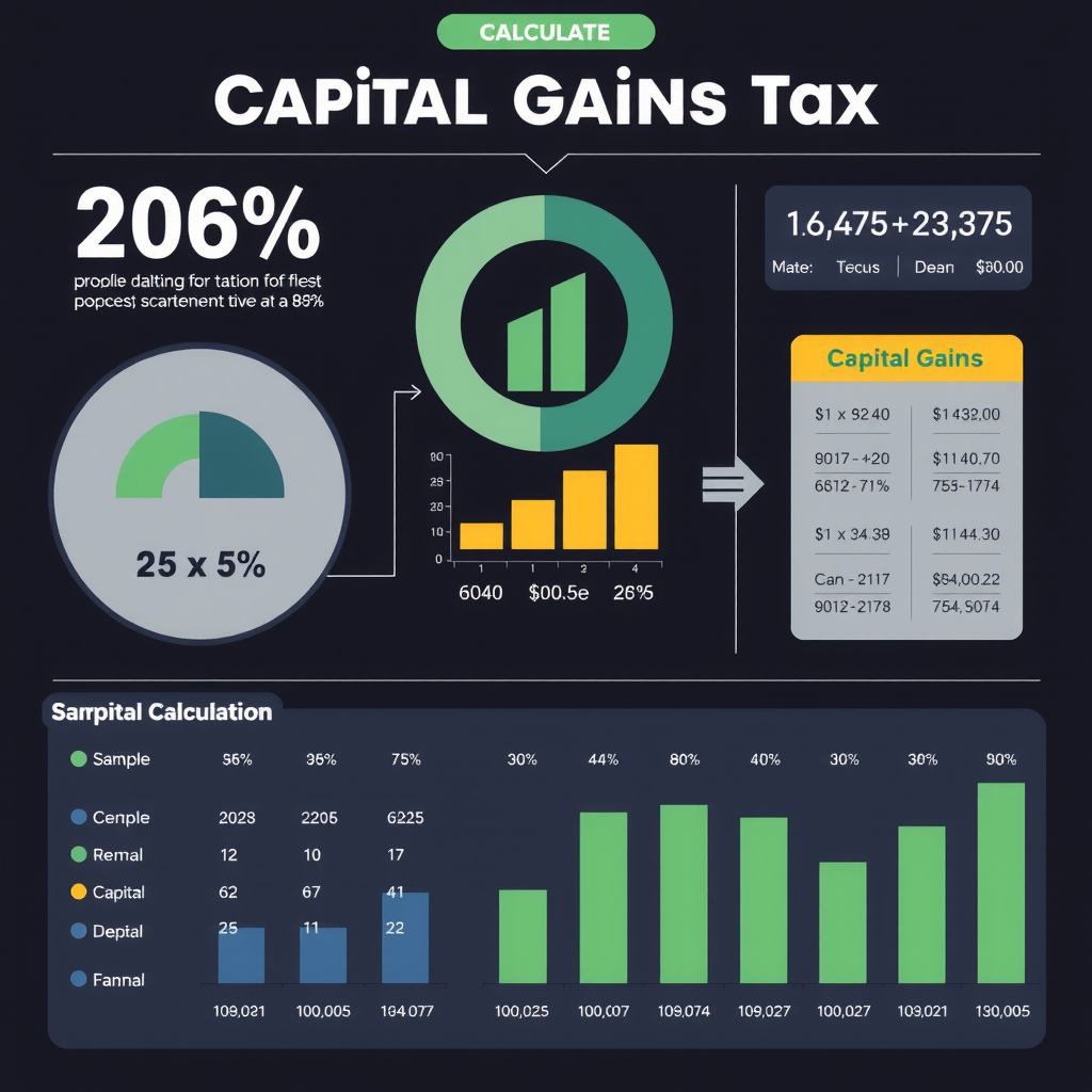 Detaillierte Infografik zur Berechnung der Abgeltungsteuer mit Prozentsätzen, Formeln und Beispielrechnungen, dargestellt in professionellem Finanzdesign mit Diagrammen und Zahlenkolonnen