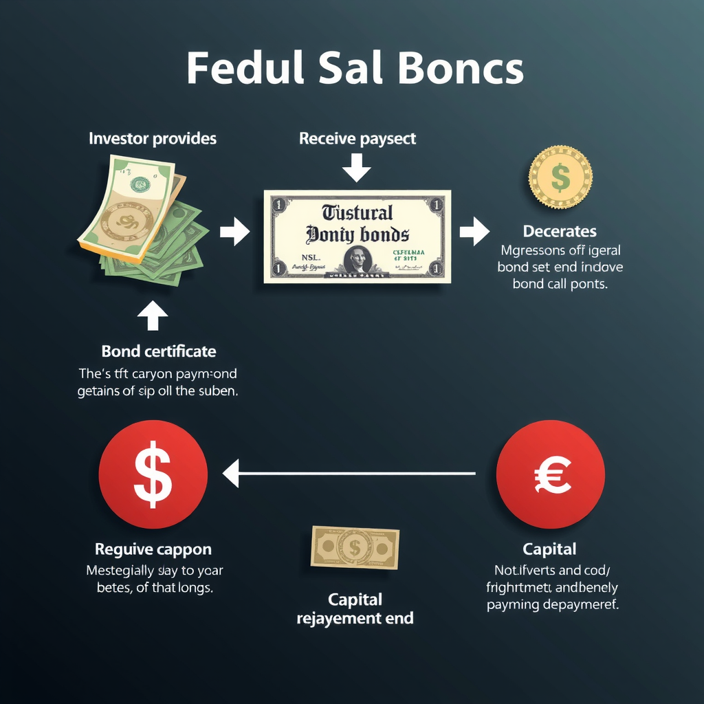Detaillierte Infografik, die den Mechanismus von Bundesanleihen zeigt: Investor gibt Geld, erhält Anleihe-Zertifikat, bekommt regelmäßige Kuponzahlungen und am Ende Kapitalrückzahlung, dargestellt mit Pfeilen und Symbolen auf professionellem Hintergrund