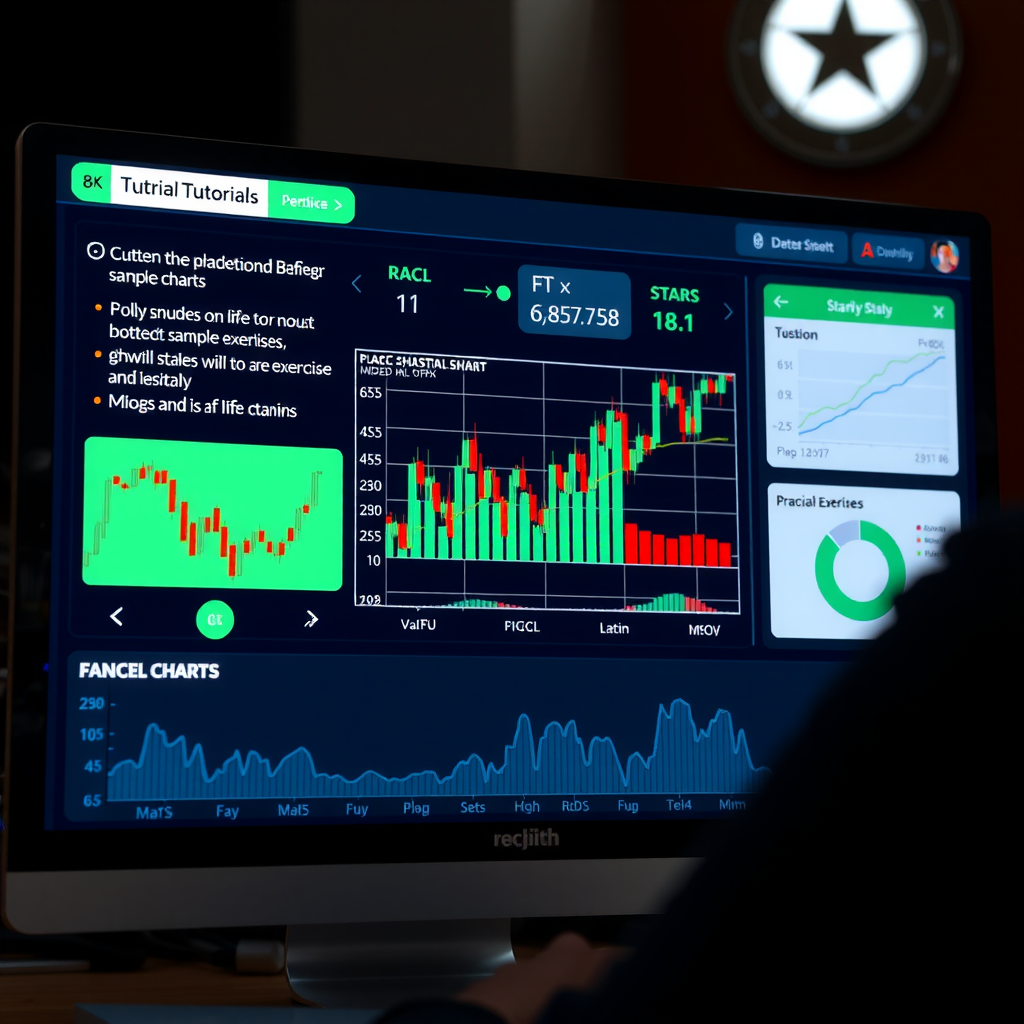 Screenshot einer interaktiven Tutorial-Oberfläche mit Schritt-für-Schritt-Anleitungen, Beispielcharts und praktischen Übungen für Finanzanalyse