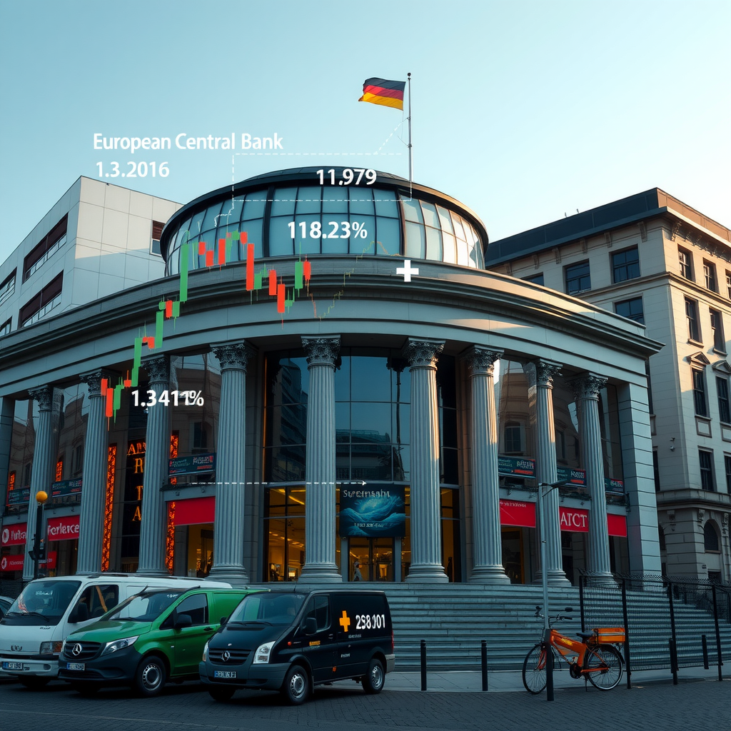 European Central Bank building in Frankfurt with financial charts, interest rate graphs and monetary policy indicators overlaid, showing the connection between ECB decisions and German markets