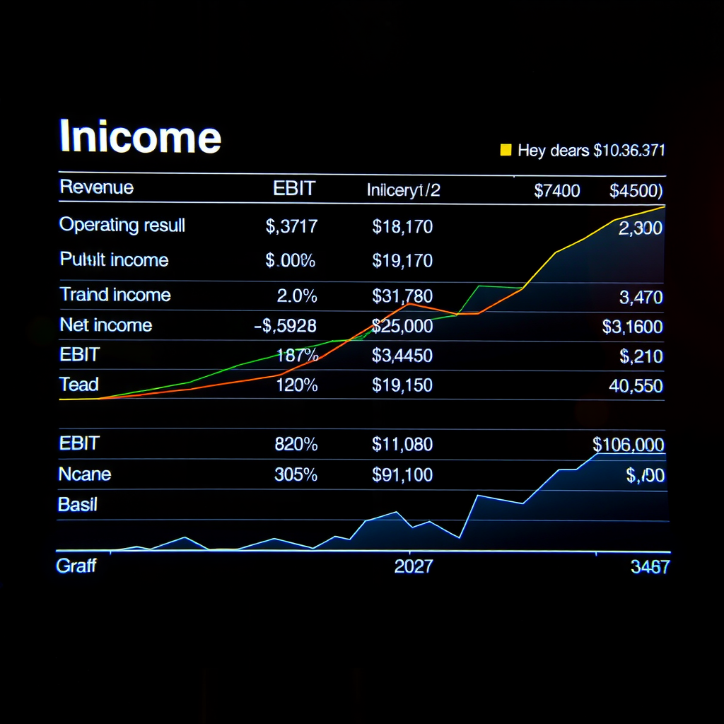Gewinn- und Verlustrechnung mit hervorgehobenen Kennzahlen, Umsatzerlöse, Betriebsergebnis, EBIT und Jahresüberschuss in übersichtlicher Darstellung, Trendlinien und Wachstumsindikatoren
