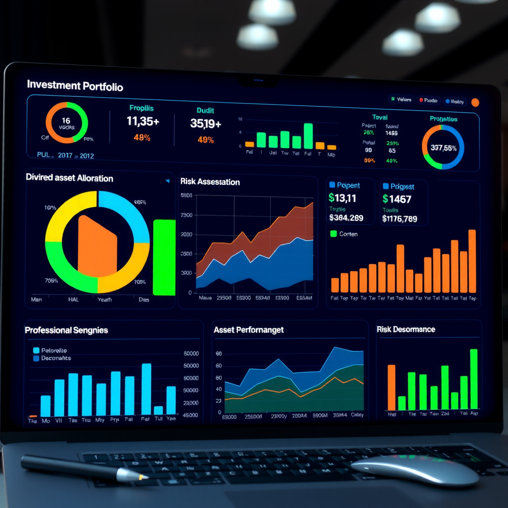 Investment portfolio management interface showing diversified asset allocation, risk assessment charts, and performance metrics with professional financial tools