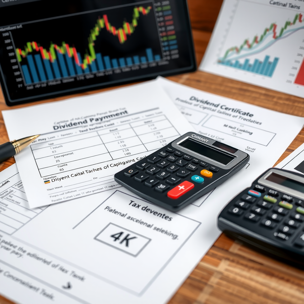 Conceptual image showing dividend payment documents, tax forms for Abgeltungsteuer, calculator and German stock certificates arranged on a professional desk with financial charts in background