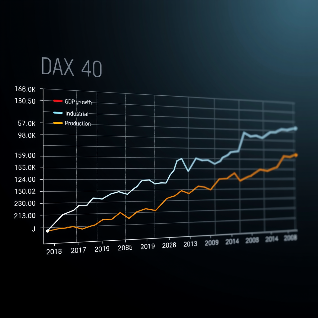 Liniendiagramm zeigt die Korrelation zwischen DAX 40 Entwicklung und deutschen Wirtschaftsindikatoren wie BIP-Wachstum, Industrieproduktion und Exportvolumen über einen Zeitraum von 10 Jahren