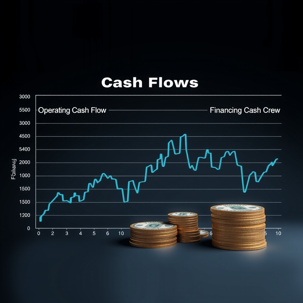 Kapitalflussrechnung mit drei Hauptbereichen: operativer Cashflow, Investitions-Cashflow und Finanzierungs-Cashflow, Wasserfalldiagramm zeigt Geldströme, professionelle Finanzvisualisierung