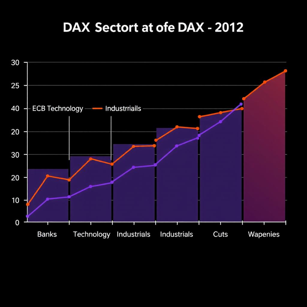 Vergleichendes Balkendiagramm, das die Performance verschiedener DAX-Sektoren (Banken, Technologie, Industrie, Konsumgüter) bei EZB-Zinserhöhungen und -senkungen zeigt