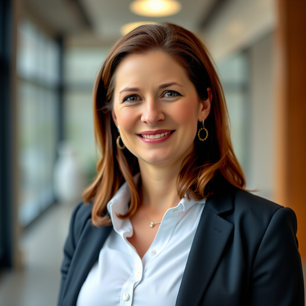 Professionelles Porträt von Sarah Müller, Leiterin Bildungsinhalte, lächelnd in Business-Casual-Kleidung