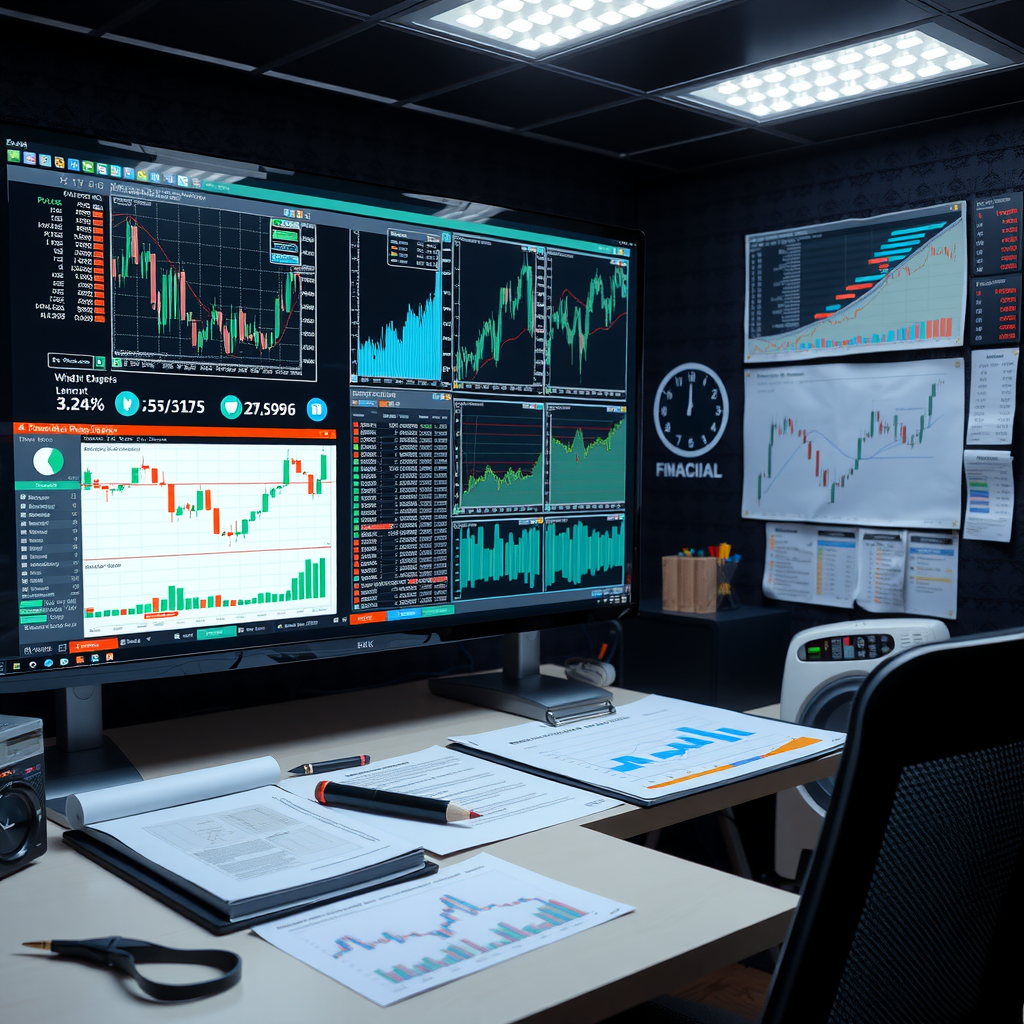 Financial analysis workspace with technical charts, fundamental analysis reports, market research documents, and analytical tools for comprehensive market evaluation
