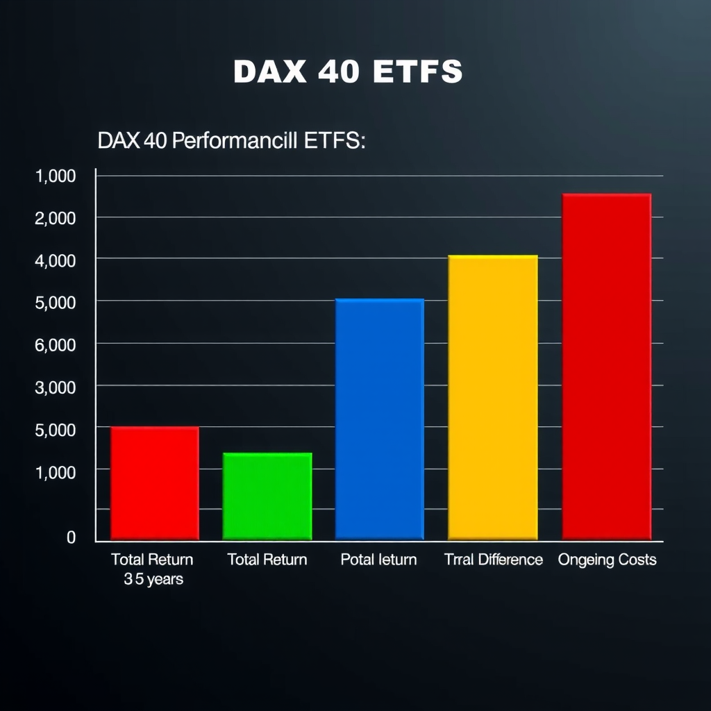 Balkendiagramm vergleicht die Performance verschiedener DAX 40 ETFs über 1, 3 und 5 Jahre mit Darstellung von Gesamtrendite, Tracking Difference und laufenden Kosten für jeden ETF
