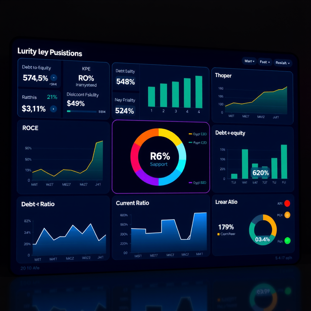 Dashboard mit wichtigen Finanzkennzahlen, KPIs wie ROE, ROCE, Verschuldungsgrad, Current Ratio in übersichtlichen Kacheln, moderne Business Intelligence Visualisierung mit Ampelfarben