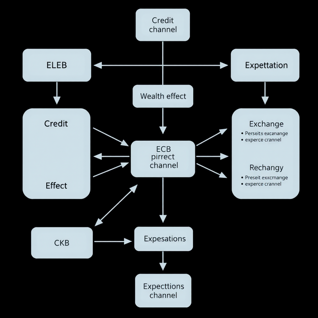 Komplexes Flussdiagramm, das die verschiedenen Transmissionsmechanismen der EZB-Geldpolitik zur Realwirtschaft zeigt: Kreditkanal, Vermögenseffekt, Wechselkurskanal und Erwartungskanal