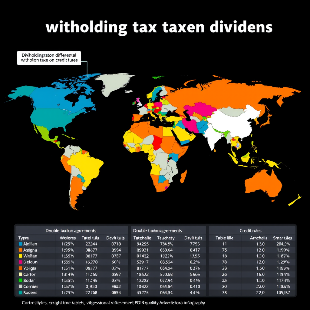 Weltkarte mit farbcodierten Ländern zeigt unterschiedliche Quellensteuersätze auf Dividenden, ergänzt durch Tabellen mit Doppelbesteuerungsabkommen und Anrechnungsregeln in professionellem Finanzstil