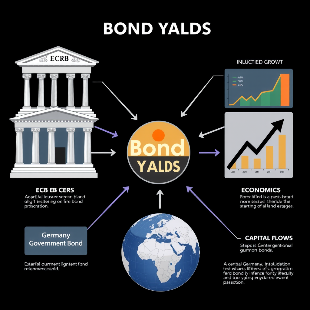 Komplexe Infografik, die verschiedene Faktoren zeigt, die Anleihenrenditen beeinflussen: EZB-Gebäude, Inflationsdiagramm, Wirtschaftswachstums-Chart, Weltkugel mit Kapitalströmen, alle mit Pfeilen verbunden zu einer zentralen Bundesanleihe