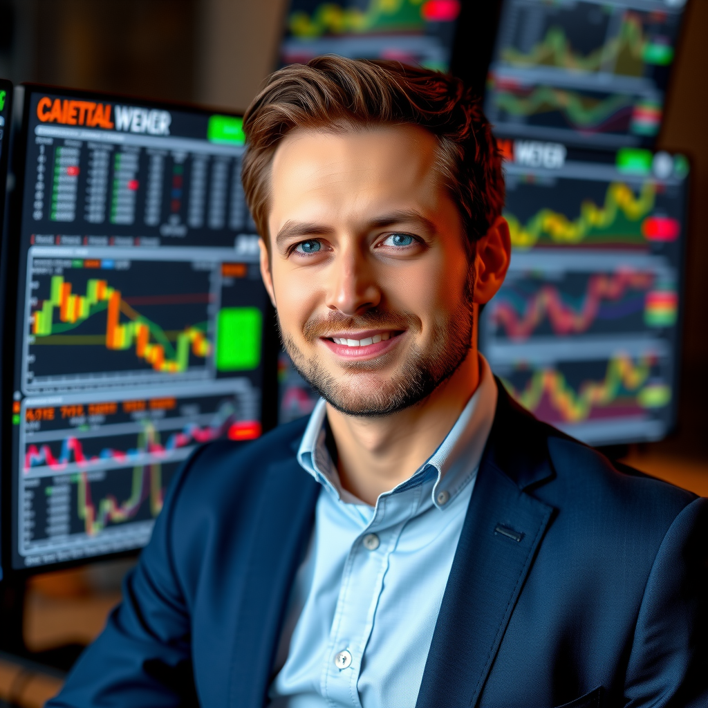 Professionelles Porträt von Thomas Weber, Datenanalyst, vor Computer-Bildschirmen mit Marktdaten