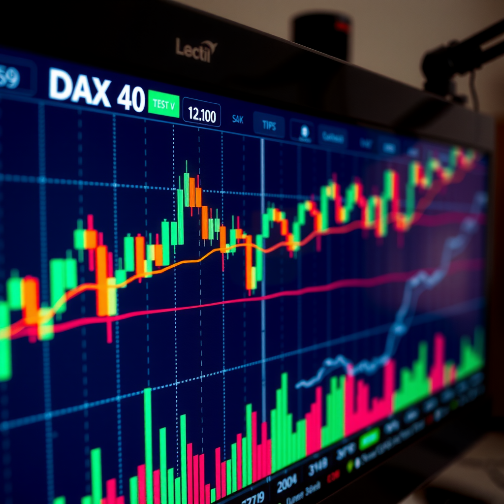 Detailed chart showing the DAX 40 index performance with candlestick patterns, moving averages, and volume indicators on a professional trading platform display