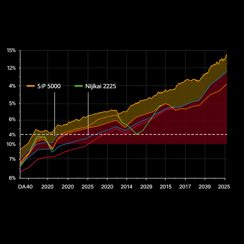 Mehrfaches Liniendiagramm zeigt die Performance-Entwicklung von DAX 40, S&P 500, FTSE 100 und Nikkei 225 über die letzten 10 Jahre mit prozentualer Veränderung und Volatilitätsbändern