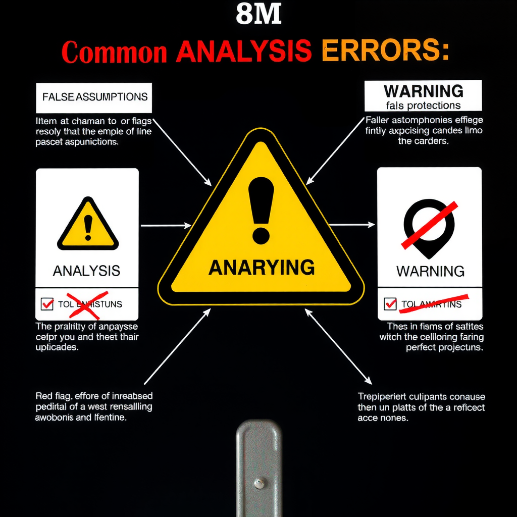 Warnschild mit häufigen Analysefehlern, rote Flaggen und Warnsymbole, Checkliste mit durchgestrichenen falschen Annahmen, professionelle Infografik zu Investmentrisiken