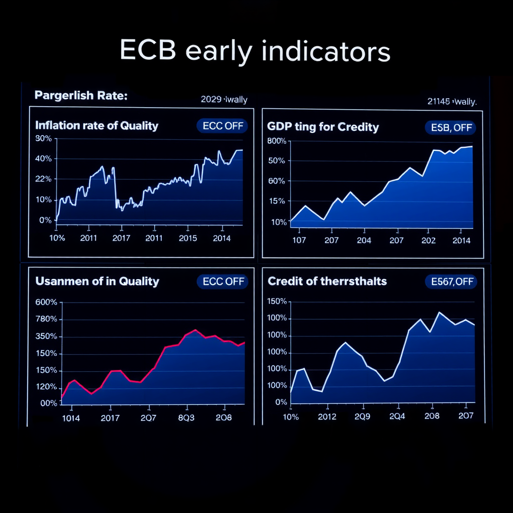 Übersichtliches Dashboard mit vier Panels, die wichtige EZB-Frühindikatoren zeigen: Inflationsrate, BIP-Wachstum, Arbeitslosenquote und Kreditwachstum mit Trendlinien und Schwellenwerten