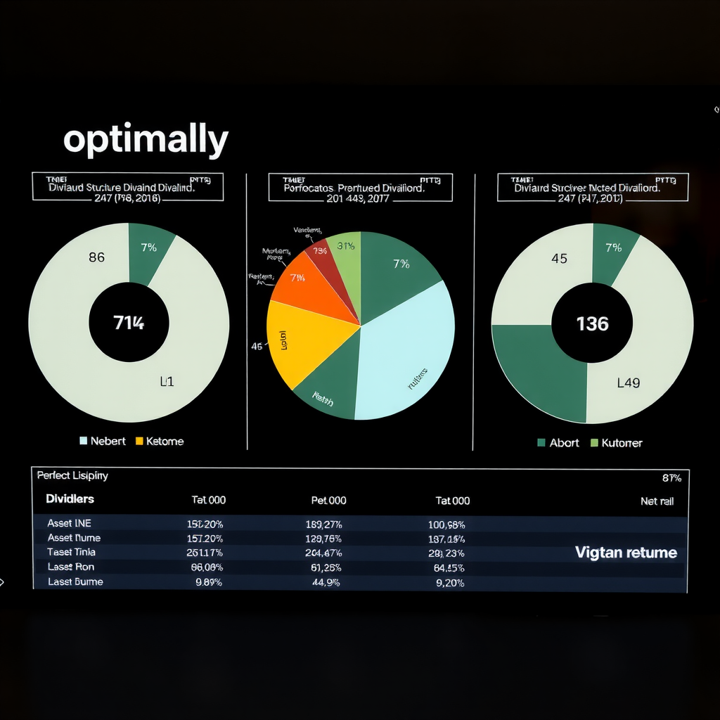 Professionelle Darstellung eines optimal strukturierten Dividendenportfolios mit Tortendiagrammen zur Asset-Allokation, Steuerbelastung und erwarteten Nettorenditen in elegantem Finanzdesign
