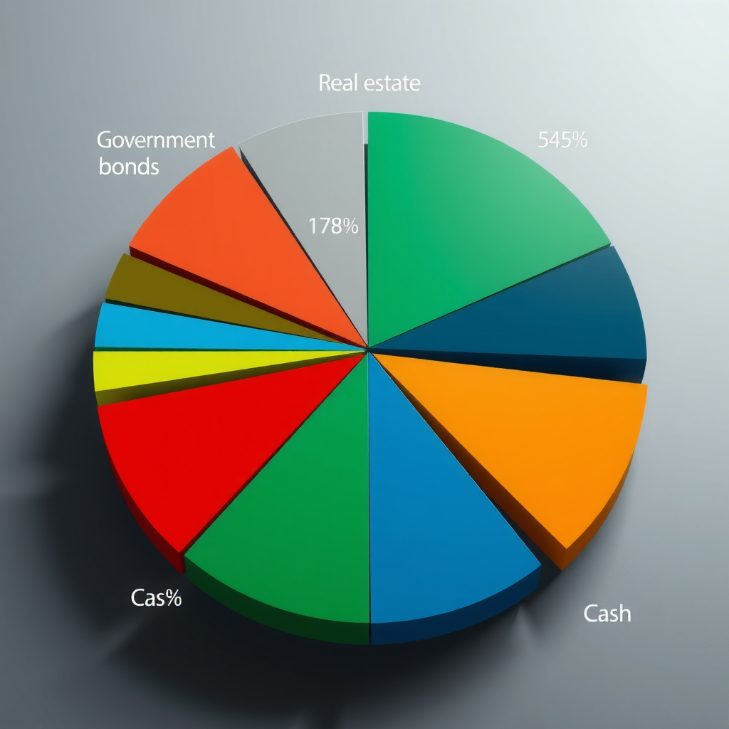 Kreisdiagramm eines diversifizierten Portfolios mit verschiedenen farbigen Segmenten für Aktien, Bundesanleihen, andere Anleihen, Immobilien und Cash, mit Prozentangaben und Legende, professionelle Finanzvisualisierung