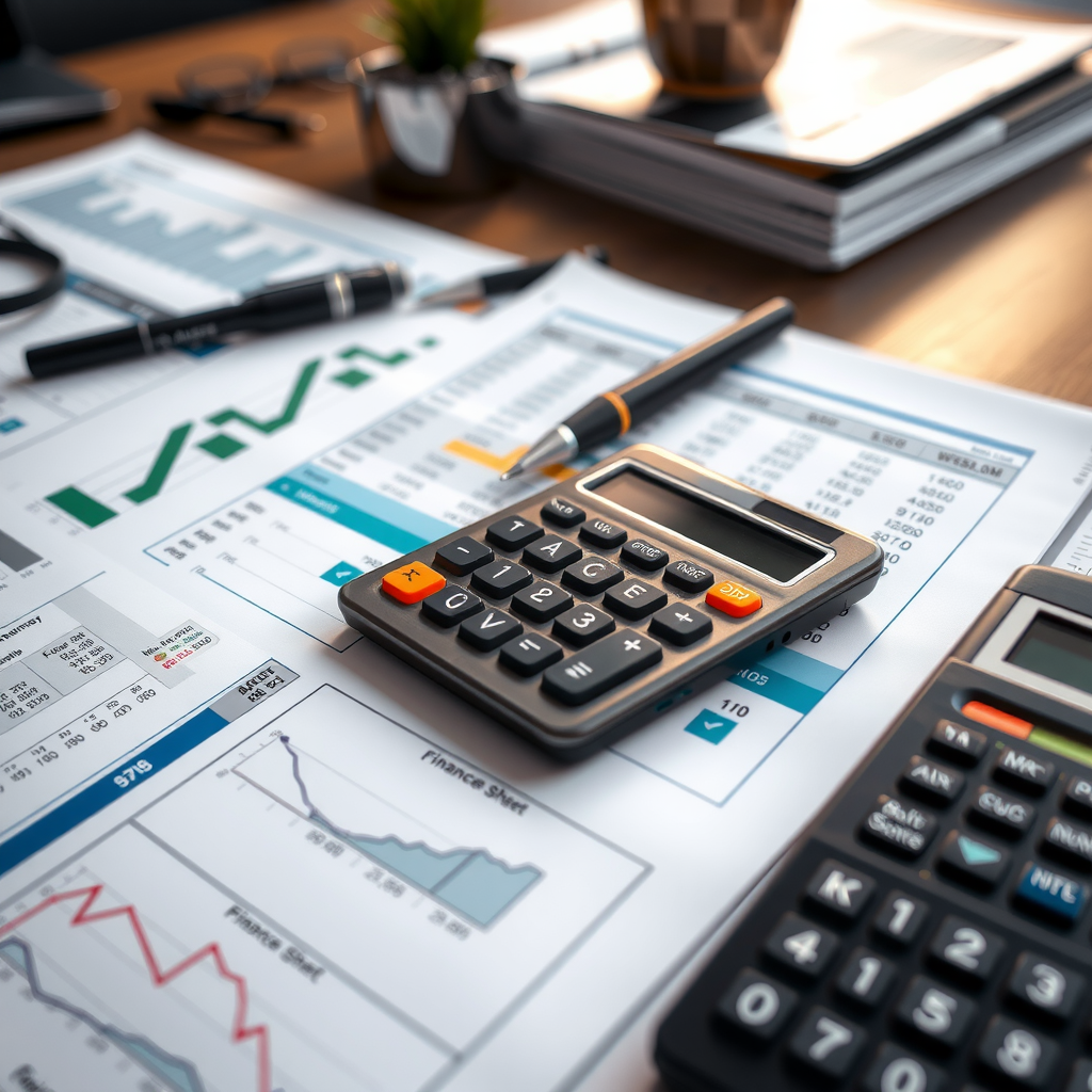 Professional workspace showing financial statements, balance sheets, and income statements with calculator, pen, and highlighted key financial metrics on printed documents