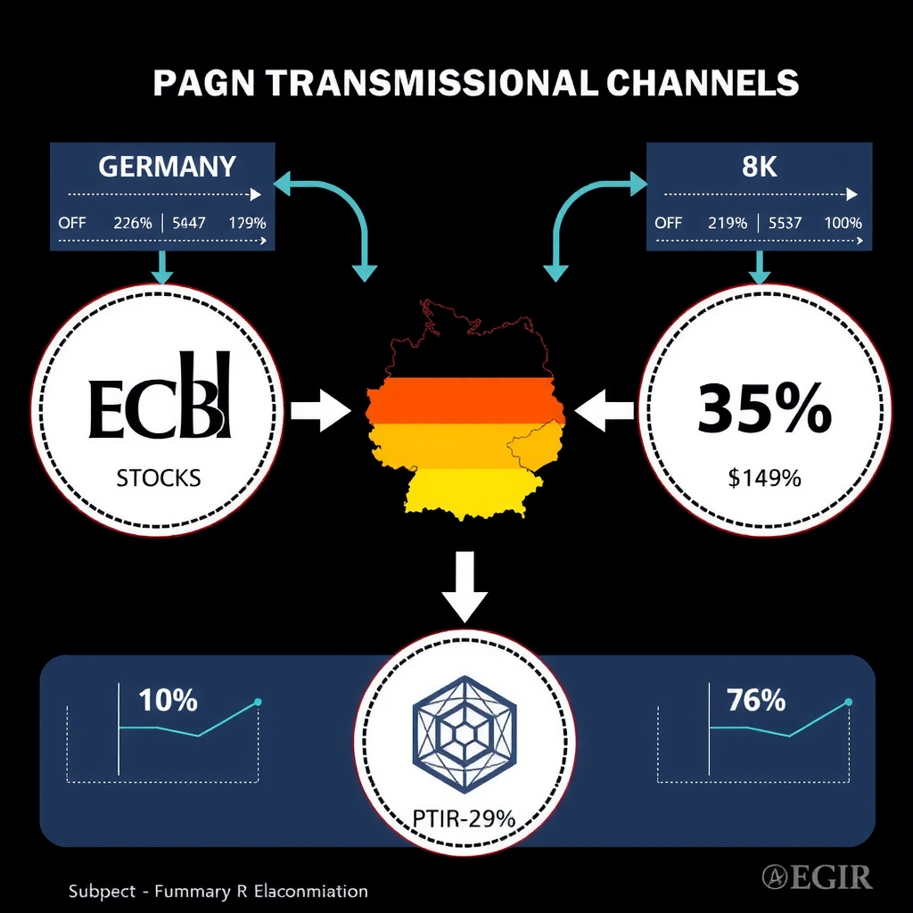 Zusammenfassende Infografik, die die Hauptwirkungskanäle der EZB-Politik auf deutsche Aktien, Anleihen und die Realwirtschaft mit Pfeilen und Prozentsätzen visualisiert