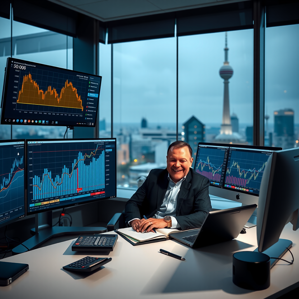 Professioneller Investor am Schreibtisch mit mehreren Bildschirmen, die Bundesanleihen-Charts und Portfolios zeigen, Taschenrechner und Finanzberichte, zufriedener Gesichtsausdruck, modernes Büro mit Blick auf Frankfurter Skyline