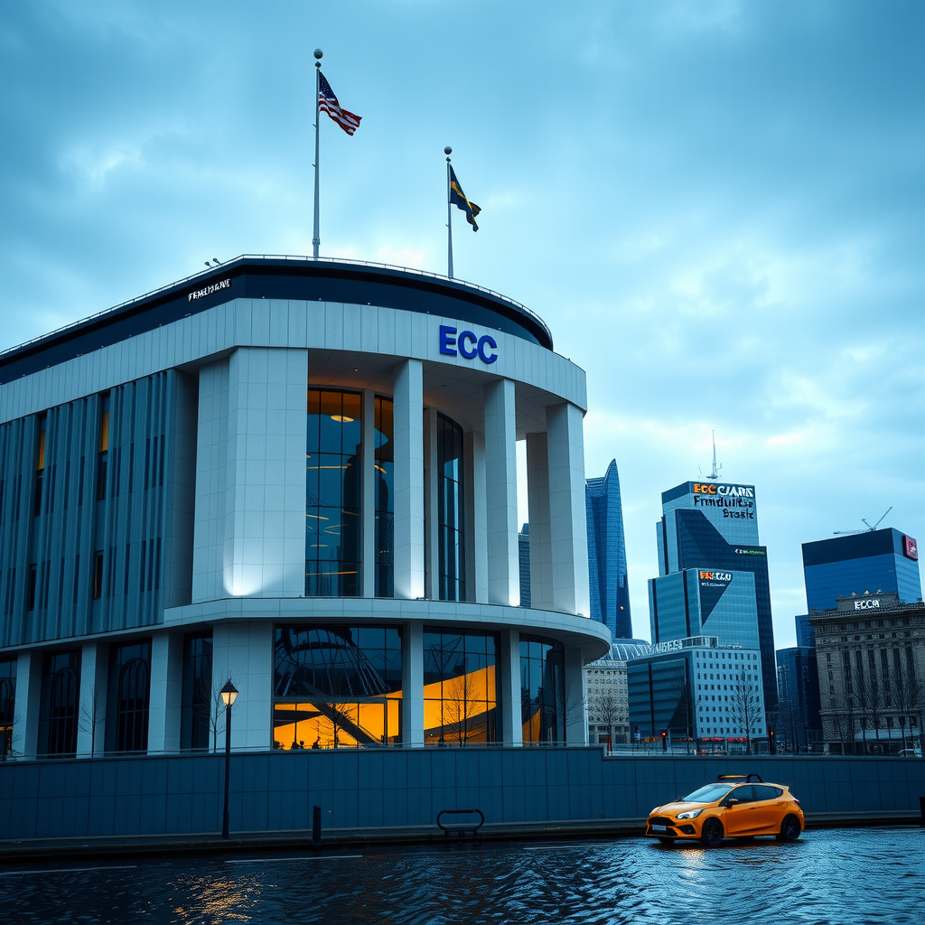 European Central Bank headquarters building in Frankfurt with ECB logo, modern architecture, and financial district skyline representing monetary policy decisions